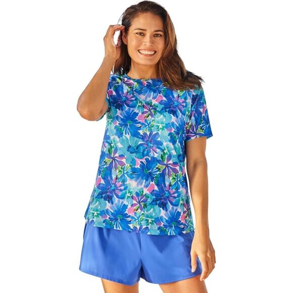 Swim 365 Swim Tee 34 Women's Blue Watercolor Floral Cross Back Built in Bra - Picture 1 of 9